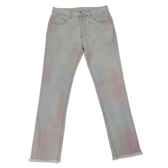 MNML Colour Spots Jeans Mens 34x32 Gray Button Fly Cotton Straight Leg Raw Hem